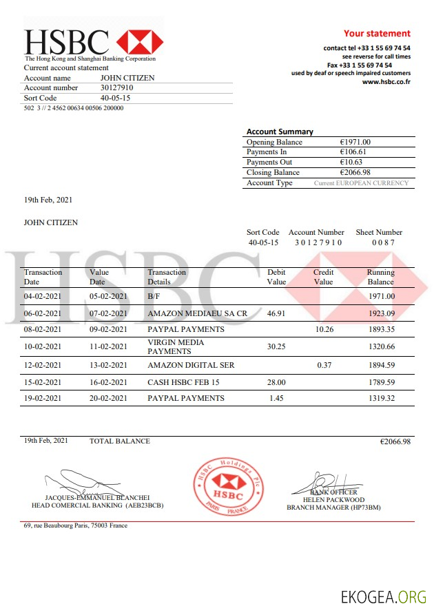 Modèle de relevé bancaire France HSBC au format .doc et .pdf